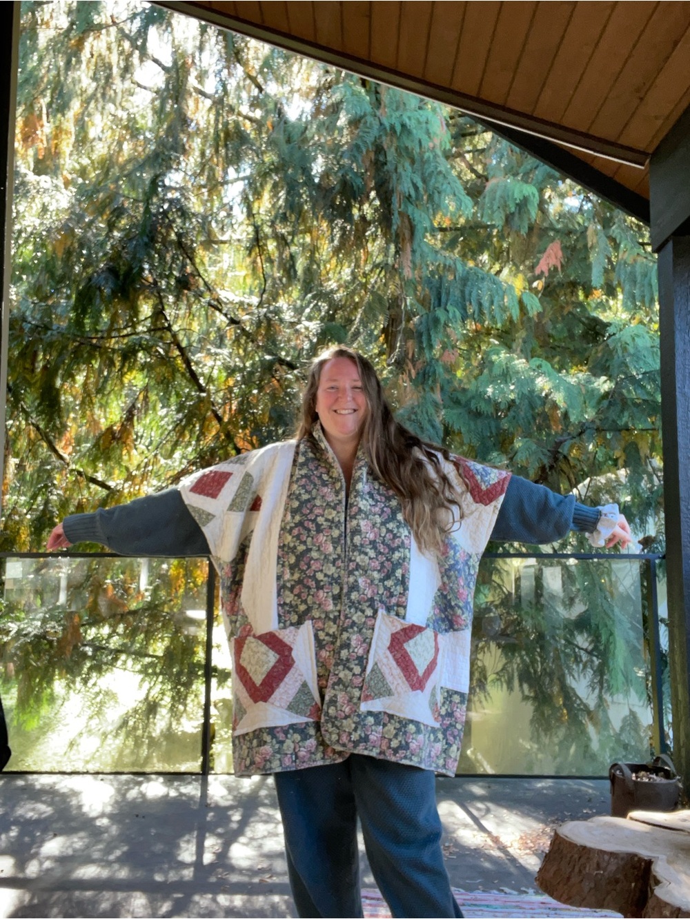 Handmade vintage quilted geometric print long vest OS